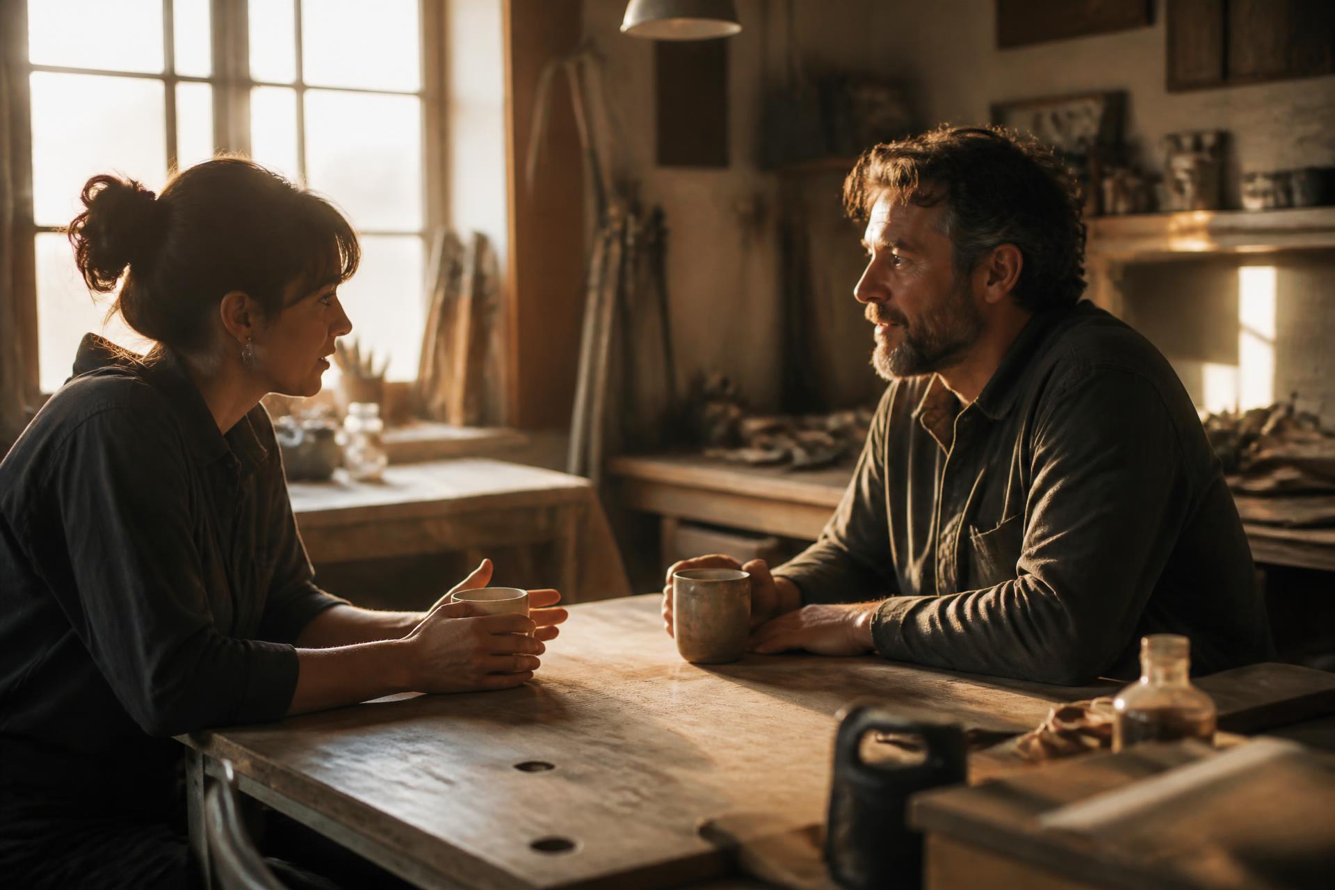 Two people mid-conversation across a workbench in warm evening light