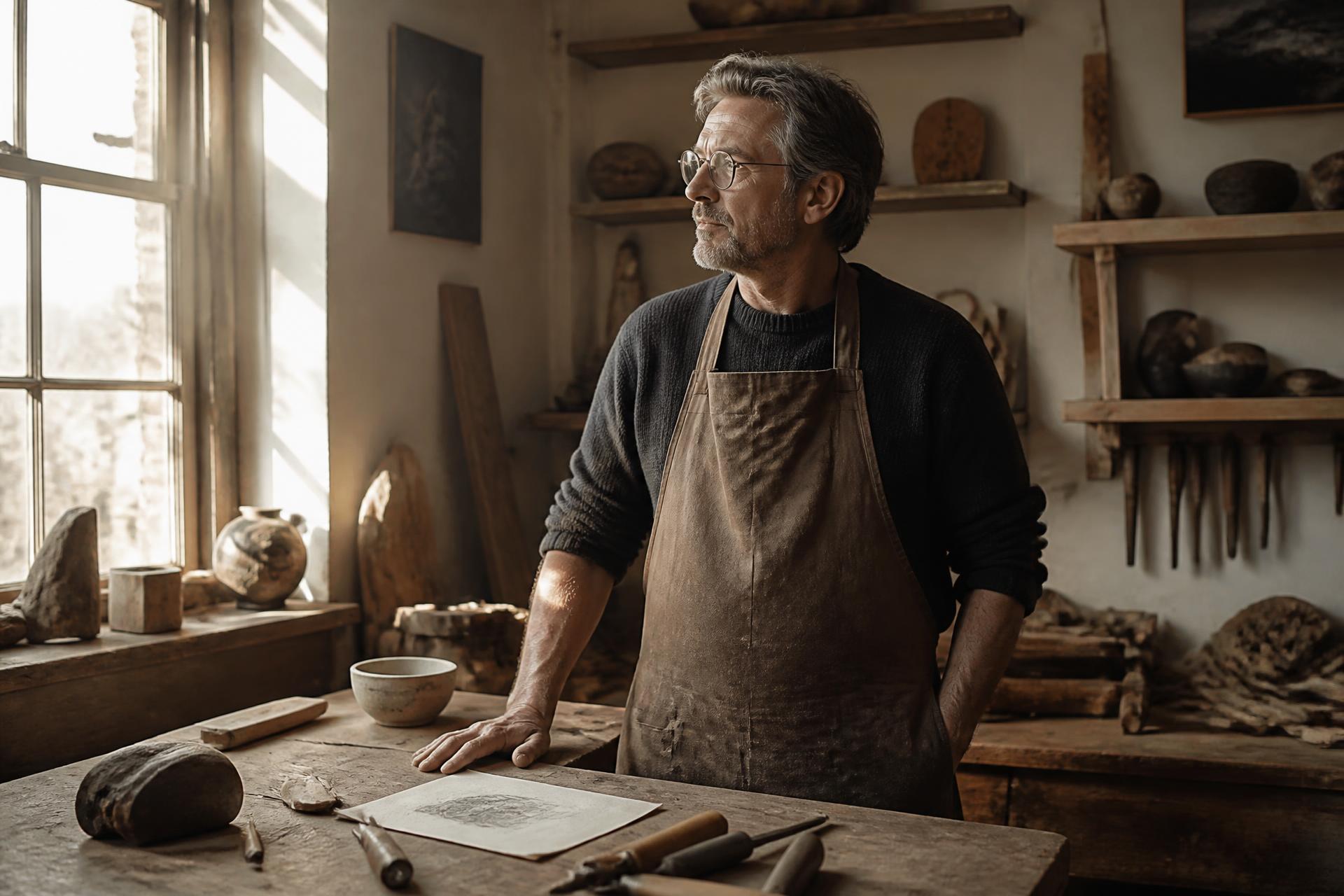 A maker pausing in thought at a workbench in warm afternoon light