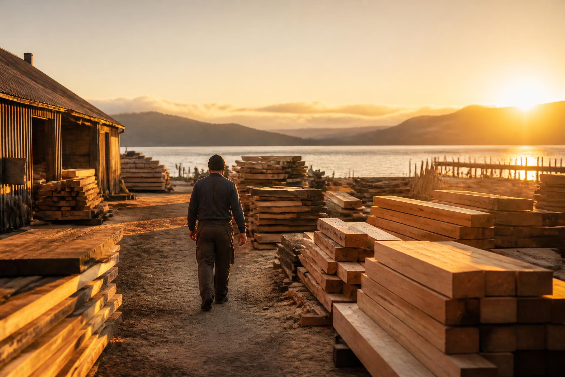 A timber yard beside a Scottish loch at golden hour
